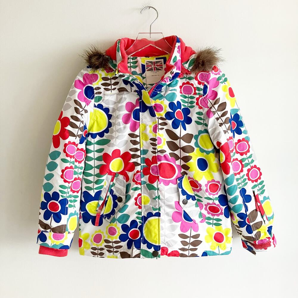 Mini Boden Girls 11-12 Fur Hooded Jacket Floral Print Colorful Winter
